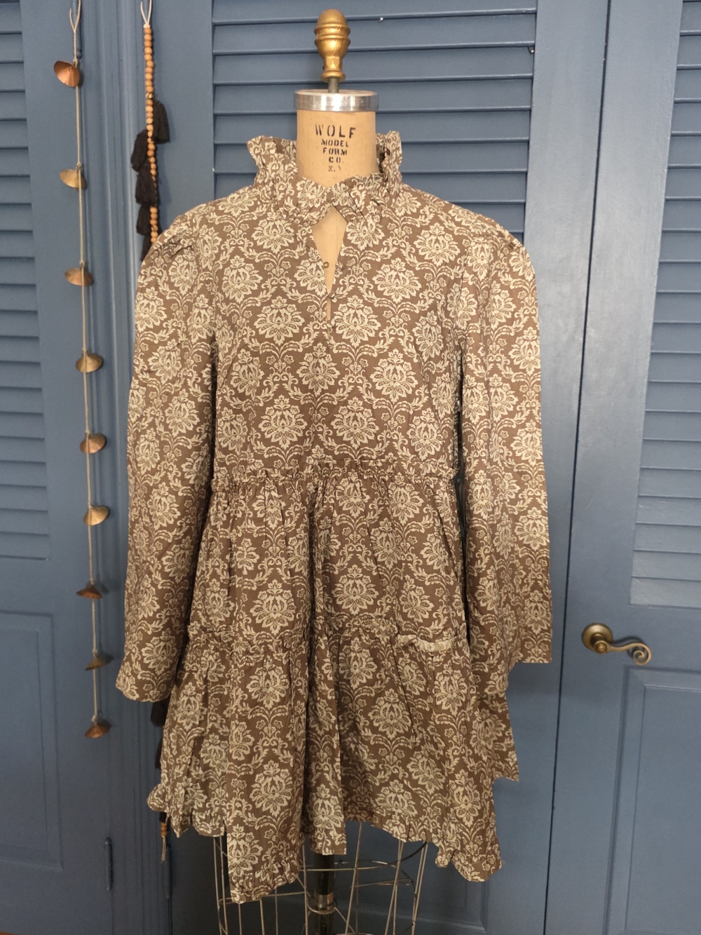 Printed Brown & Cream Long-Sleeve Tiered Jacket Dress